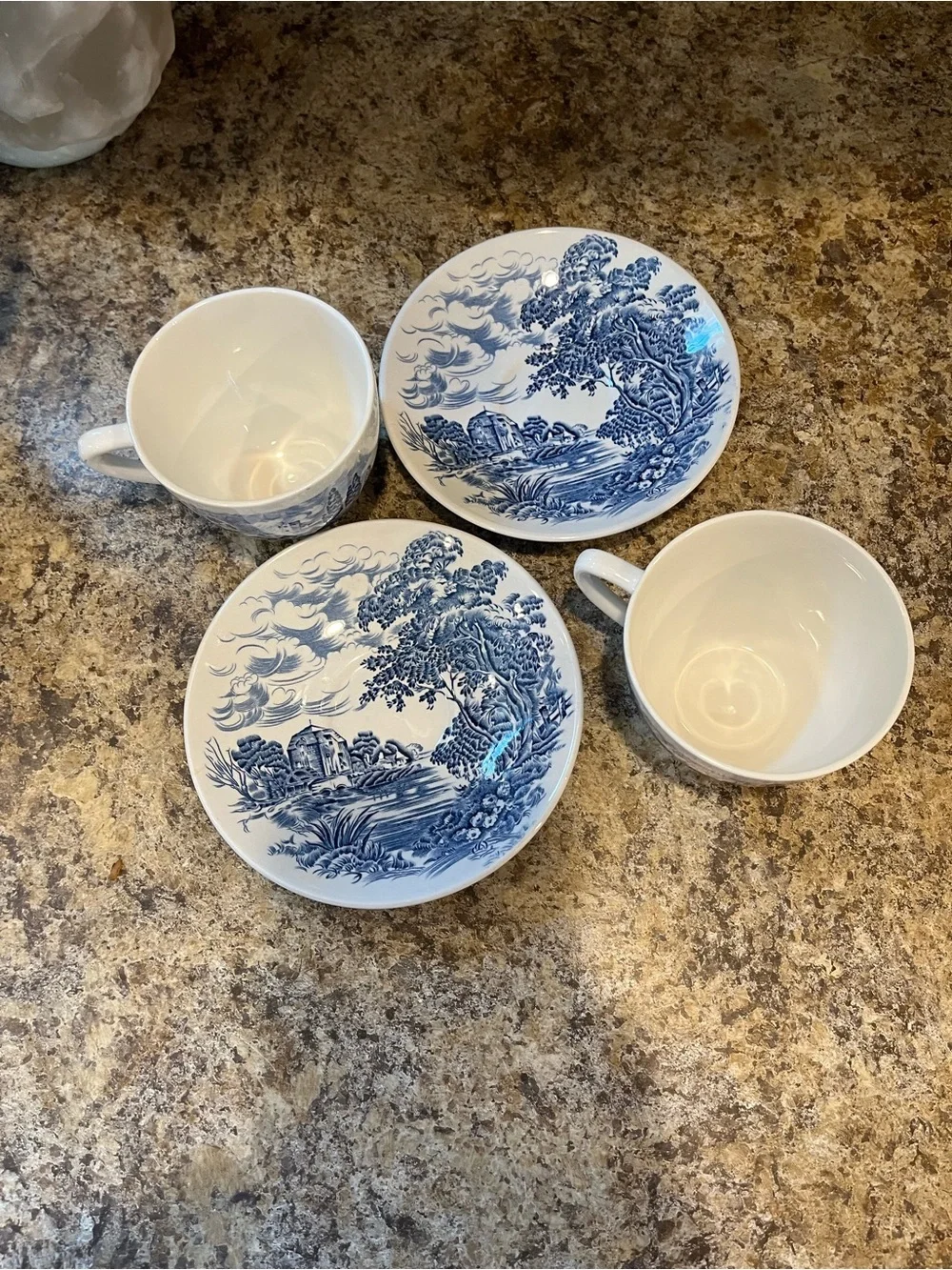 Wedgwood Countryside Teacups and Saucers Set of 2 Blue and White, England